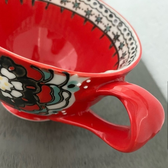 Anthropologie Elka Twisted Handle Red Floral Footed Coffee Tea Pedestal Mug Cup - Picture 3 of 8
